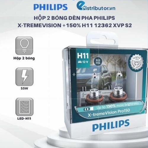 Hộp 2 Bóng đèn Pha Philips X-tremeVision +150% H11 12362 XVP S2