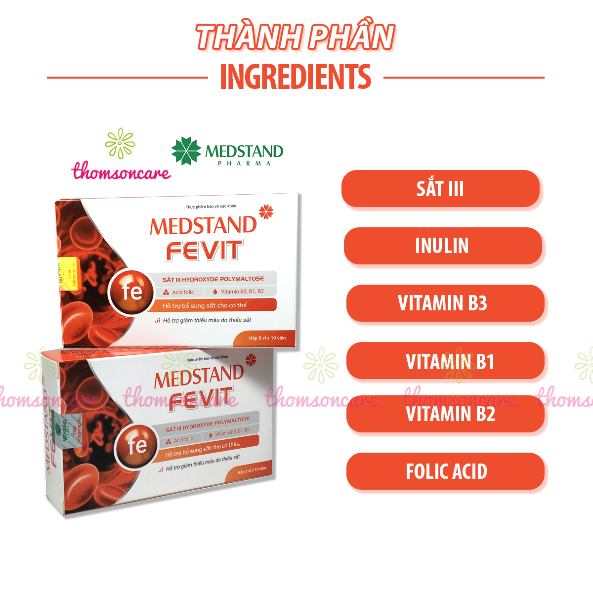 Bổ sung sắt và Acid Folic cho bà bầu - Medstand Fevit - Hộp 30 viên bổ máu cho phụ nữ mang thai, sau sinh