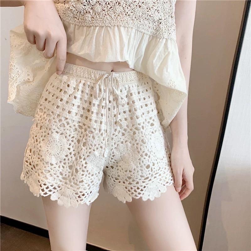 Set bộ đi chơi len móc gồm áo 2 dây babydoll và quần sóc