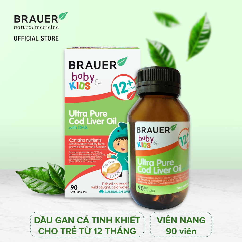 DHA Cho Bé Brauer Ultra Pure Cod Liver Oil NK Úc Giúp Phát Triển Não Bộ, Hỗ Trợ Khả Năng Tập Trung, Nhận Thức Và Ghi Nhớ, Cải Thiện Thị Lực, Chống Mỏi Mắt, Khô Mắt, Tăng Hệ Miễn Dịch – Chai 90 viên nang