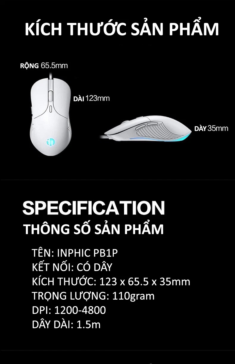 Chuột có dây INPHIC PB1P 6 nút với độ DPI lên đến 4800 phù hợp cho game thủ, văn phòng, photoshop - HÀNG CHÍNH HÃNG