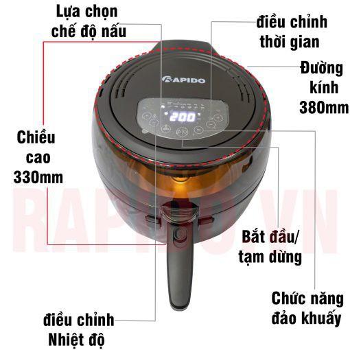 Nồi chiên không dầu, Nồi chiên không dầu Rapido 6.5L, RAF-6.5D dung tích lớn, công suất mạnh