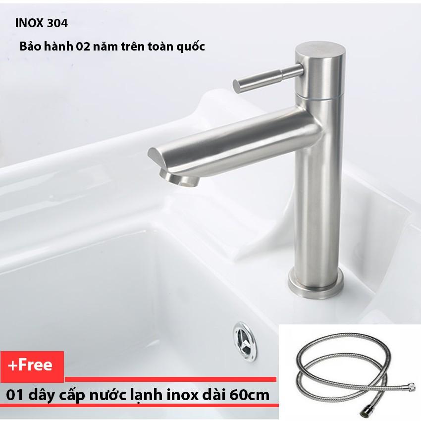 Vòi lavabo xả lạnh cắm chậu OS106 inox 304 nguyên khối - tặng kèm dây cấp lạnh inox dài 60cm- bảo hành 2 năm toàn quốc