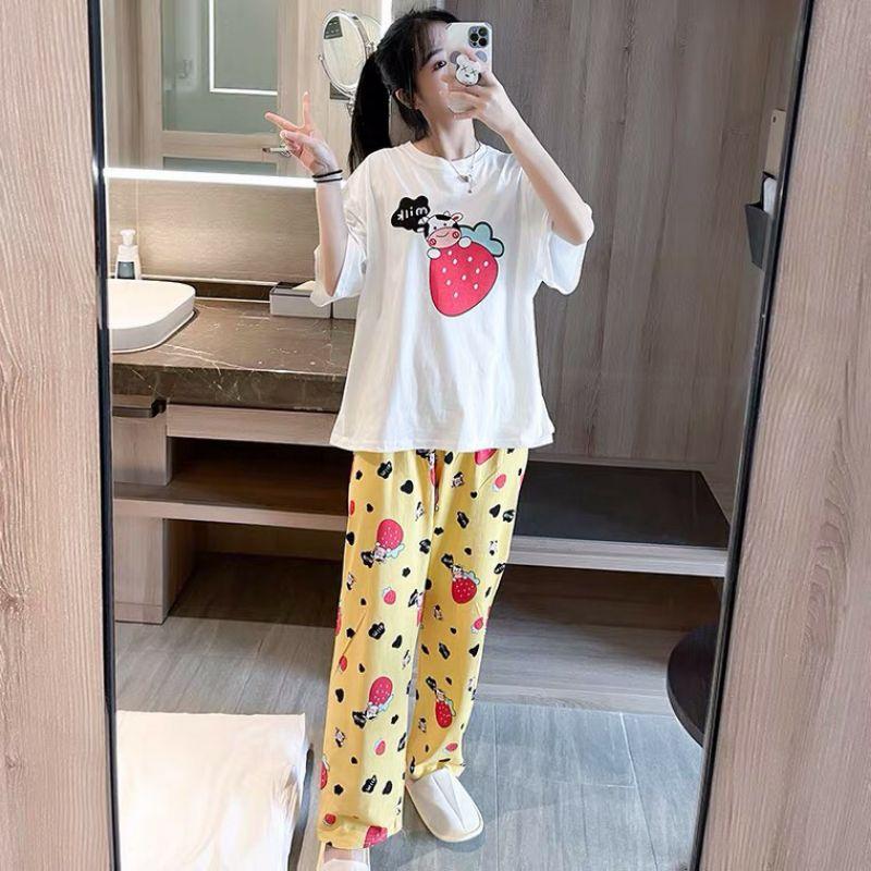 Đồ bộ nữ quần dài tay cộc in hình dễ thương,chất mỏng mát phù hợp mọi thời tiết
