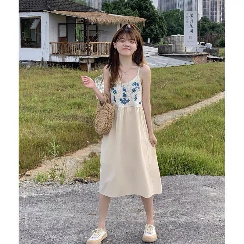 MS906 Váy đầm hai dây nữ đan móc thêu hoa xanh đi biển