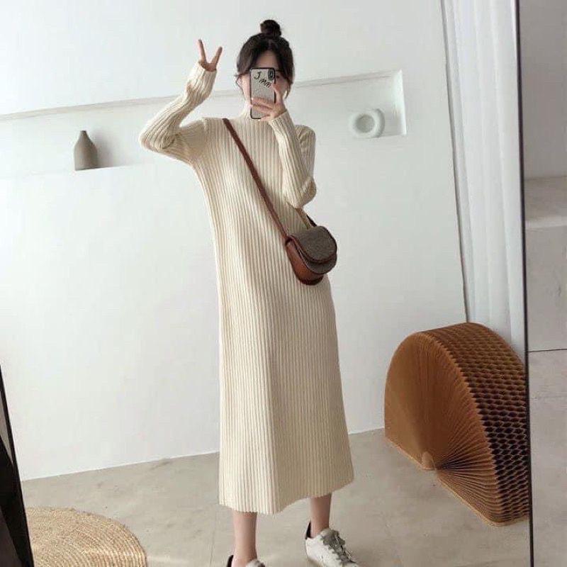 Váy len gân dáng dài quốc dân đen be nâu ko xẻ tà