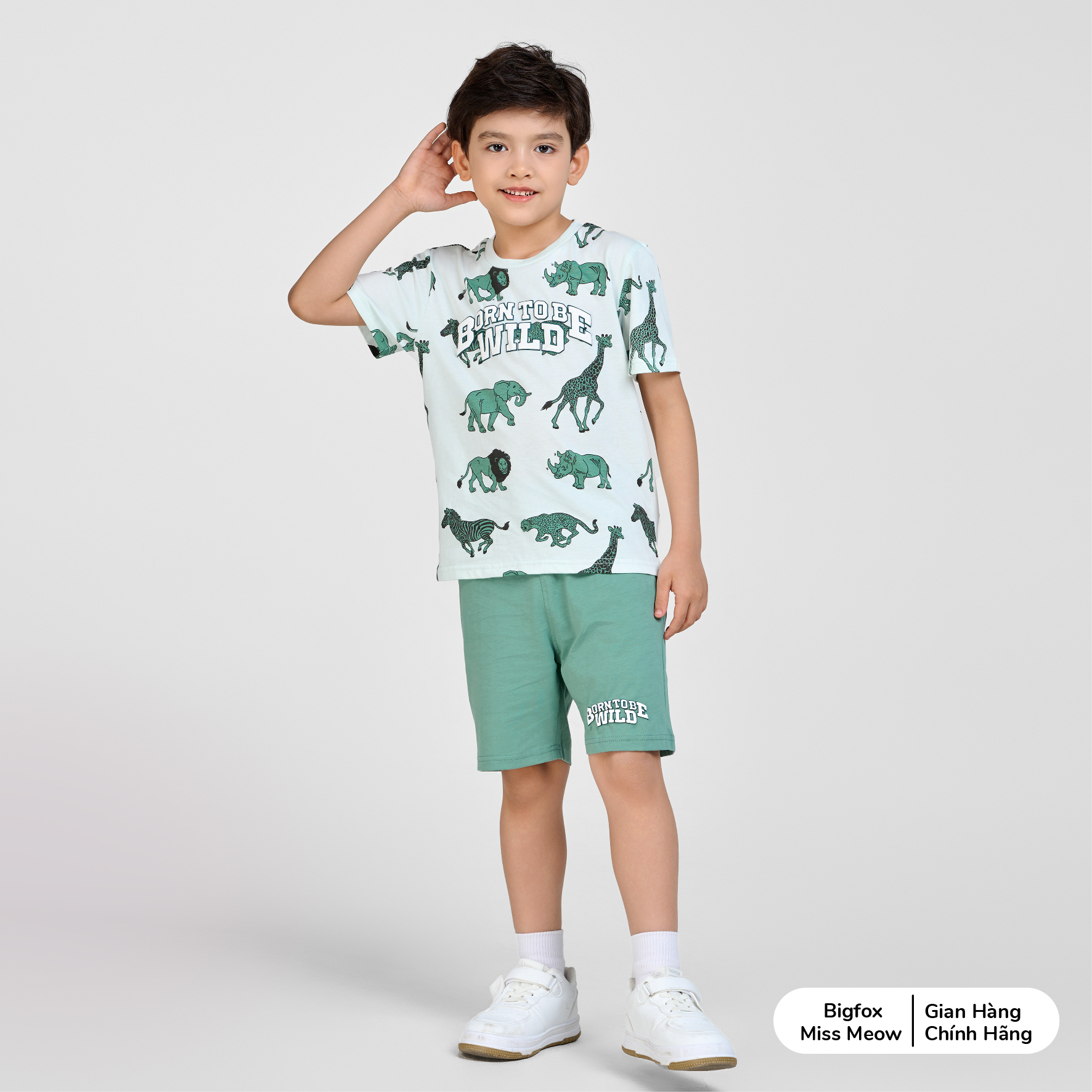 Bộ cho bé trai Bigfox Miss Meow cộc tay mùa hè, chất cotton size đại 3,7,9,11 tuổi 30kg 40kg