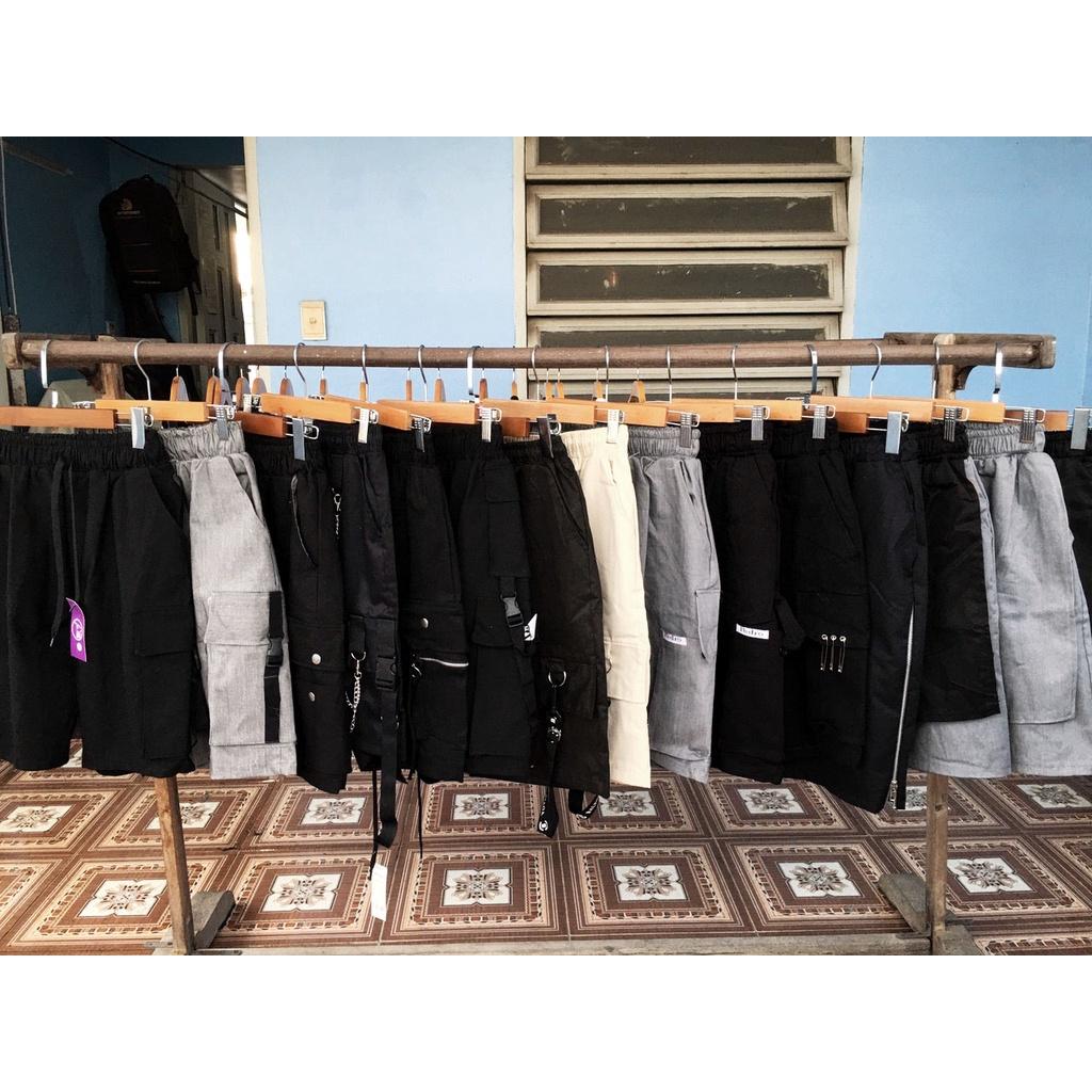 Quần Short Kaki Túi Hộp khóa dây nai nam - Sọt Lững Kiểu Dáng Thể Thao Unisex một Màu Đen 04x.