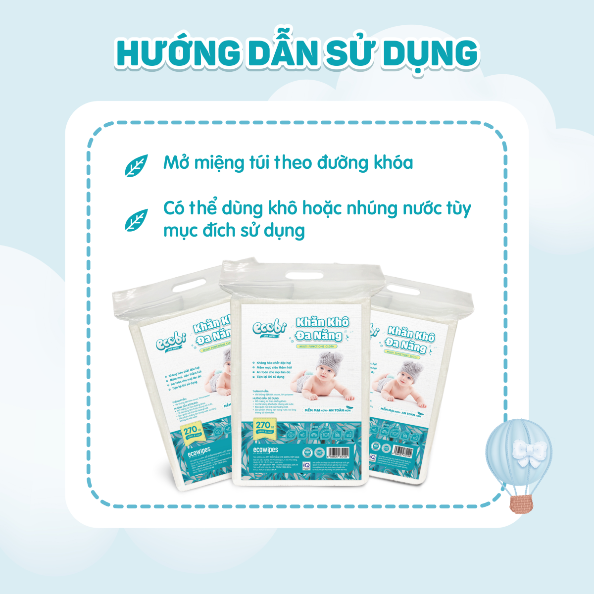 Khăn khô đa năng cao cấp cho bé EcoWipes Ecobi không mùi không paraben an toàn cho da bé