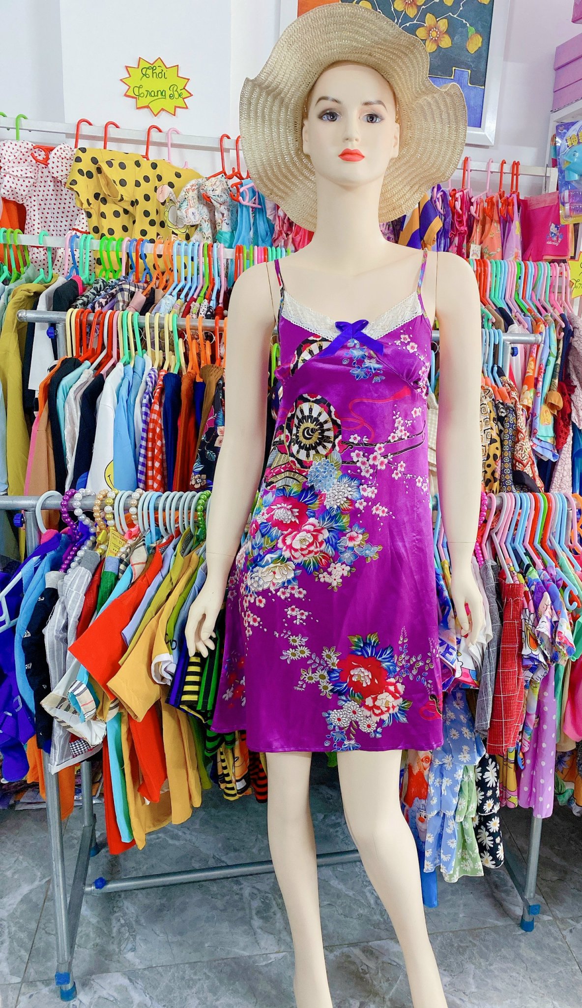 Đầm Ngủ Nữ Nơ Hoa Văn Màu Tím Vải Lụa