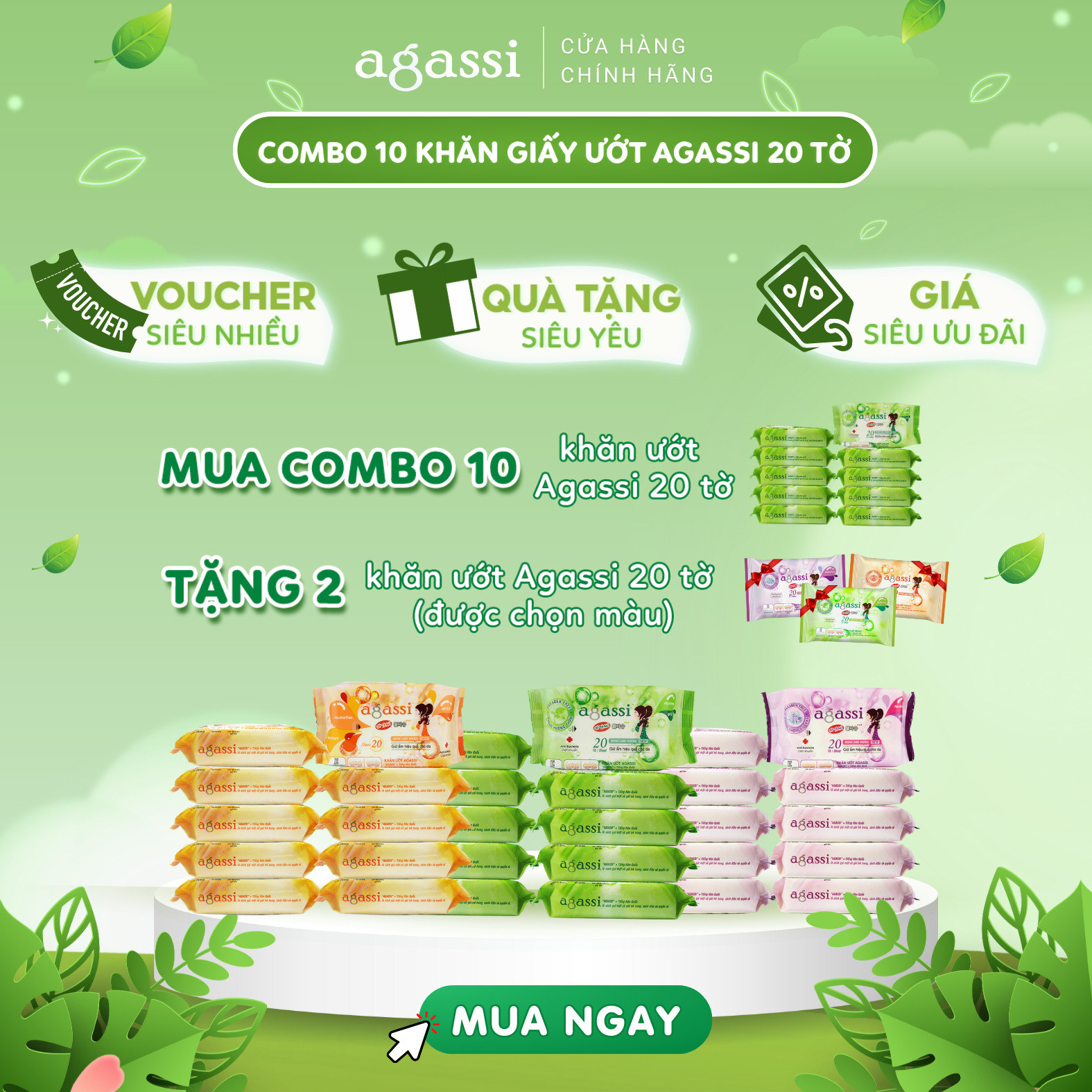 Combo10 gói khăn giấy ướt Agassi 20 tờ