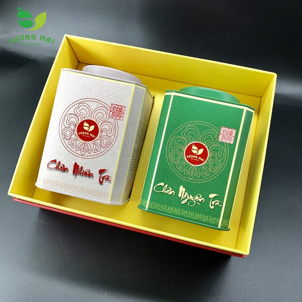 Hộp trà xanh Tân Cương Sương Mai 200g – 2 hộp sắt vuông Xanh và Trắng