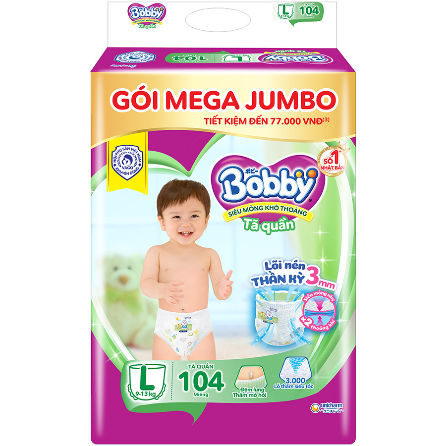 Tã quần Bobby Mega Jumbo L104 - Lõi nén thần kì 3mm - Siêu mỏng khô thoáng bất ngờ