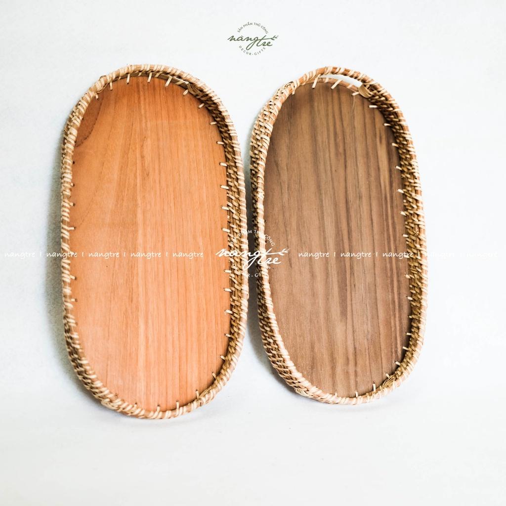 Khay mây oval - Khay oval đế gỗ óc chó - Oval rattan tray