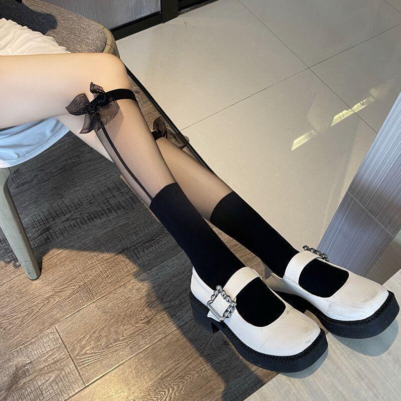 Tất vớ cao đến bắp chân Viền Trong Suốt Đính Nơ phong cách thời trang Lolita Nhật Bản, cá tính cho nữ - khositatvo Voan Màu Đen