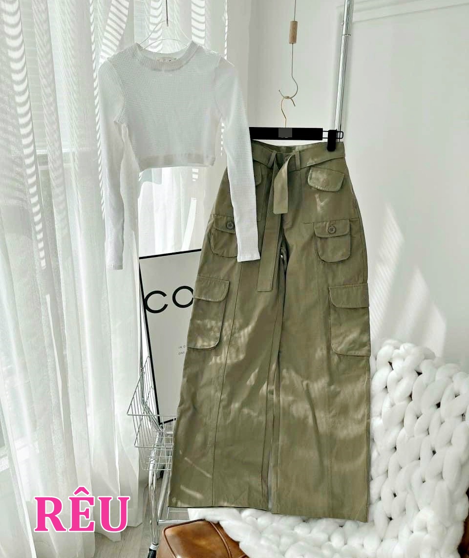 SET QUẦN DÀI TÚI HỘP ỐNG RỘNG LƯNG CAO + ÁO THUN CROPTOP BASIC CƠ BẢN TAY DÀI ÔM BODY ĐI CHƠI DẠO PHỐ ĐI BIỂN