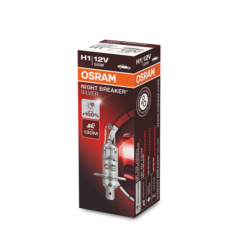 Bóng đèn halogen tăng sáng 100% OSRAM NIGHT BREAKER SILVER H1 12v 55w (Hộp giấy 1 cái)