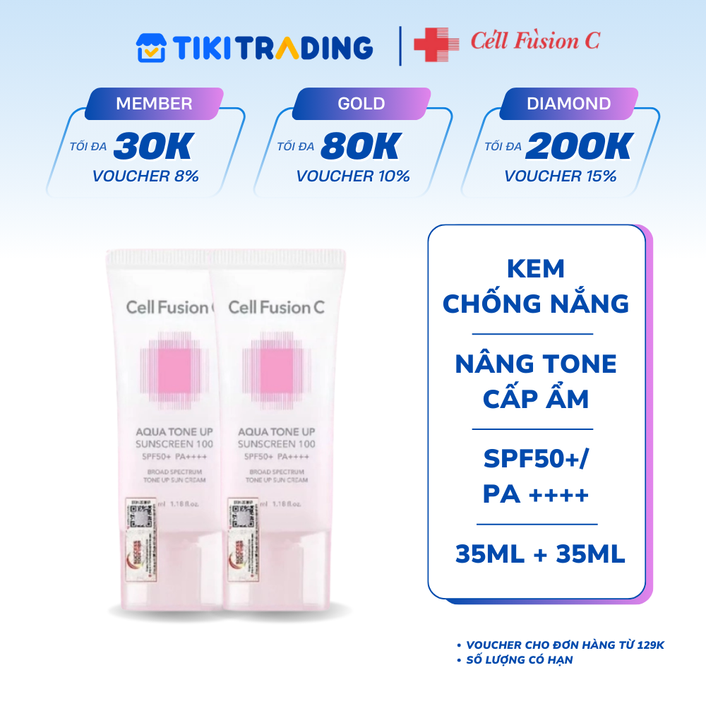 Combo 2 Kem Chống Nắng Cell Fusion C Nâng Tone Cấp Ẩm Căng Bóng Cho Mọi Loại Da Aqua Tone Up 100 Sunscreen SPF 50+ PA++++ 35ml