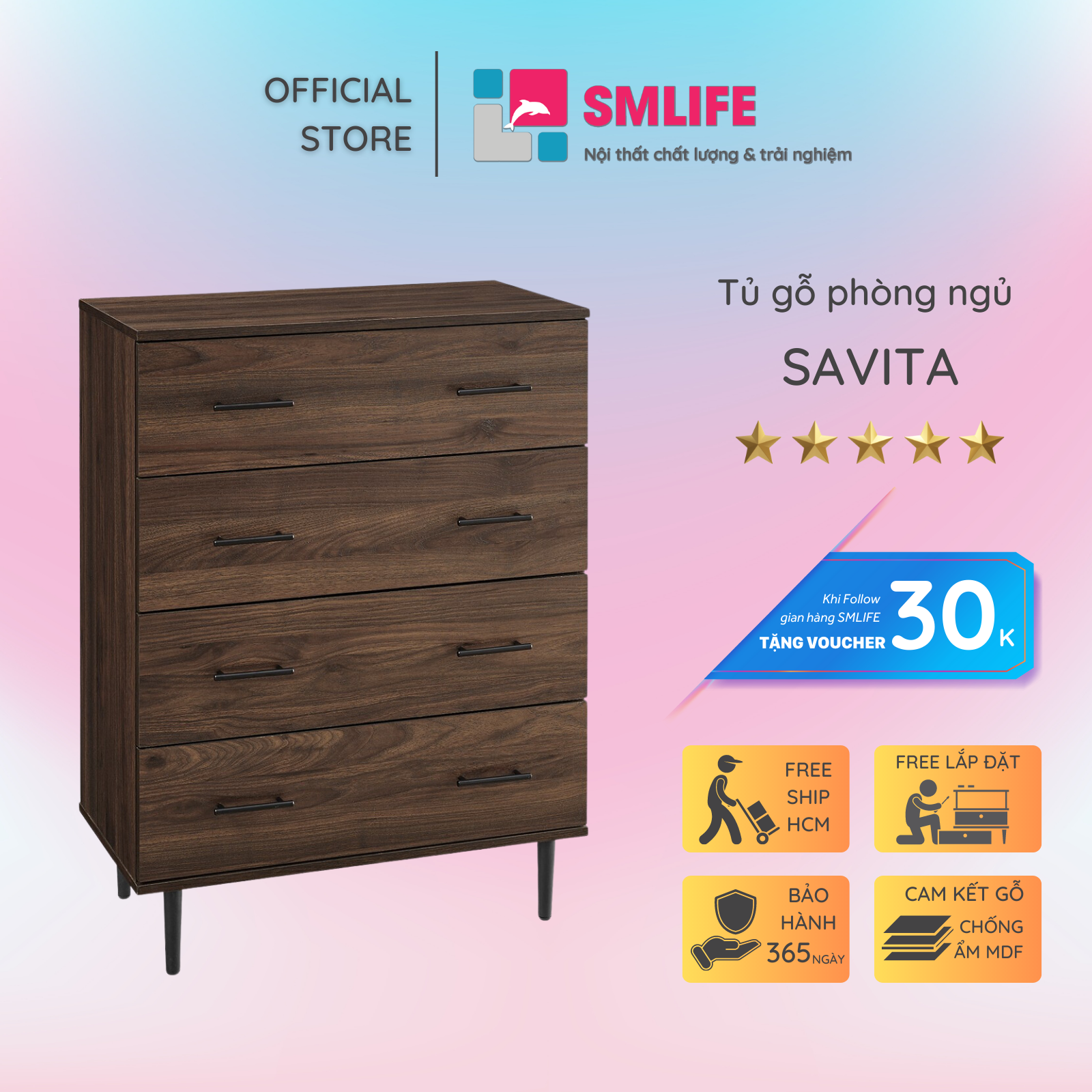 Tủ phòng ngủ gỗ hiện đại SMLIFE Savita | Gỗ MDF dày 17mm chống ẩm | D75xR40xC97cm