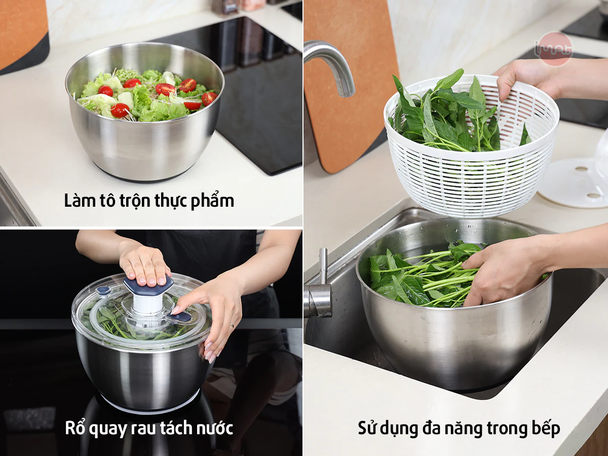 [Chính hãng iMAT] Rổ Quay Vắt Rau IMAT Tách Nước Nhanh, Dễ Dùng, Chất Liệu Inox 304, Nhựa PP Cao Cấp