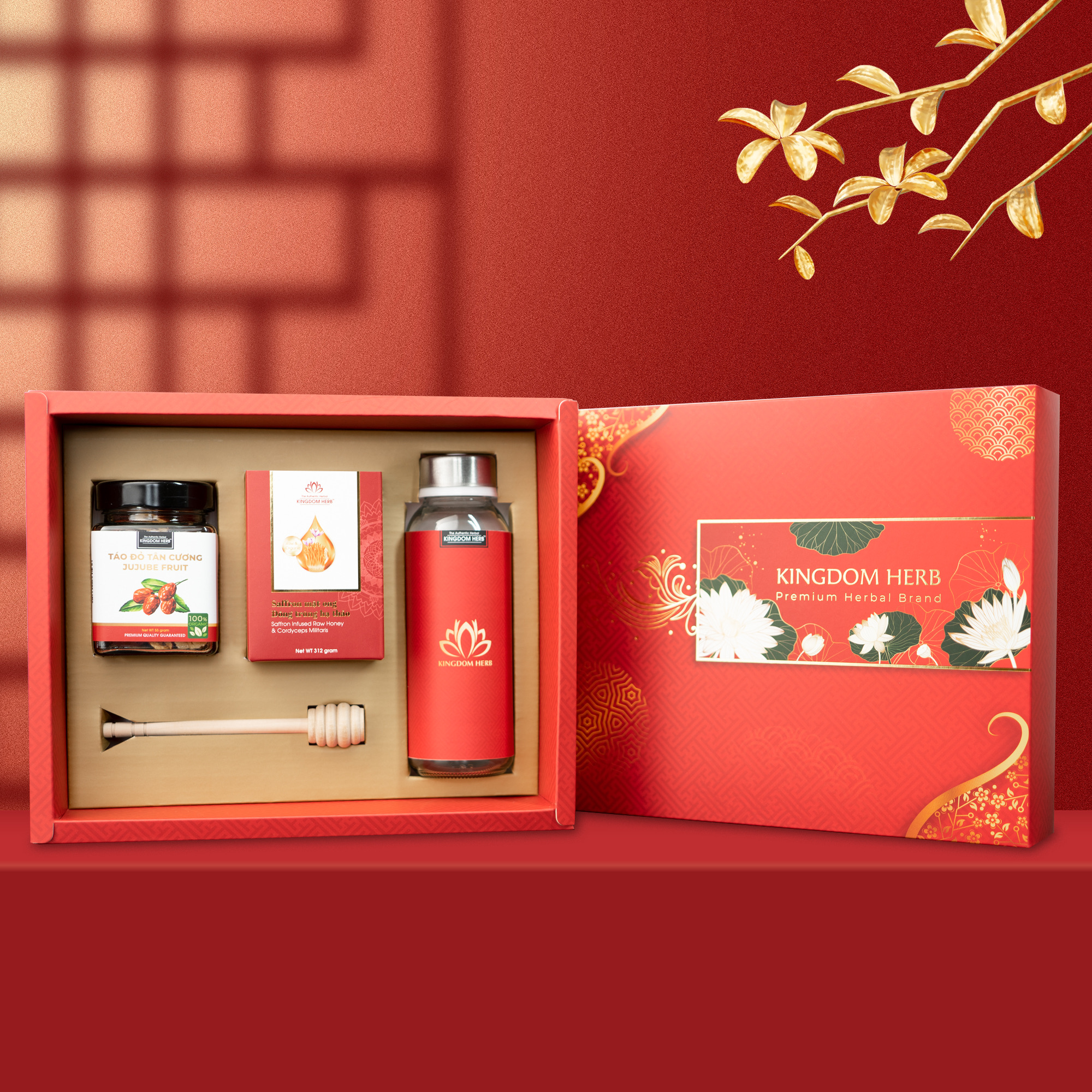 Set quà tặng, hộp quà tặng saffron mật ong đông trùng hạ thảo và táo đỏ / kỷ tử Kingdom Herb chính hãng