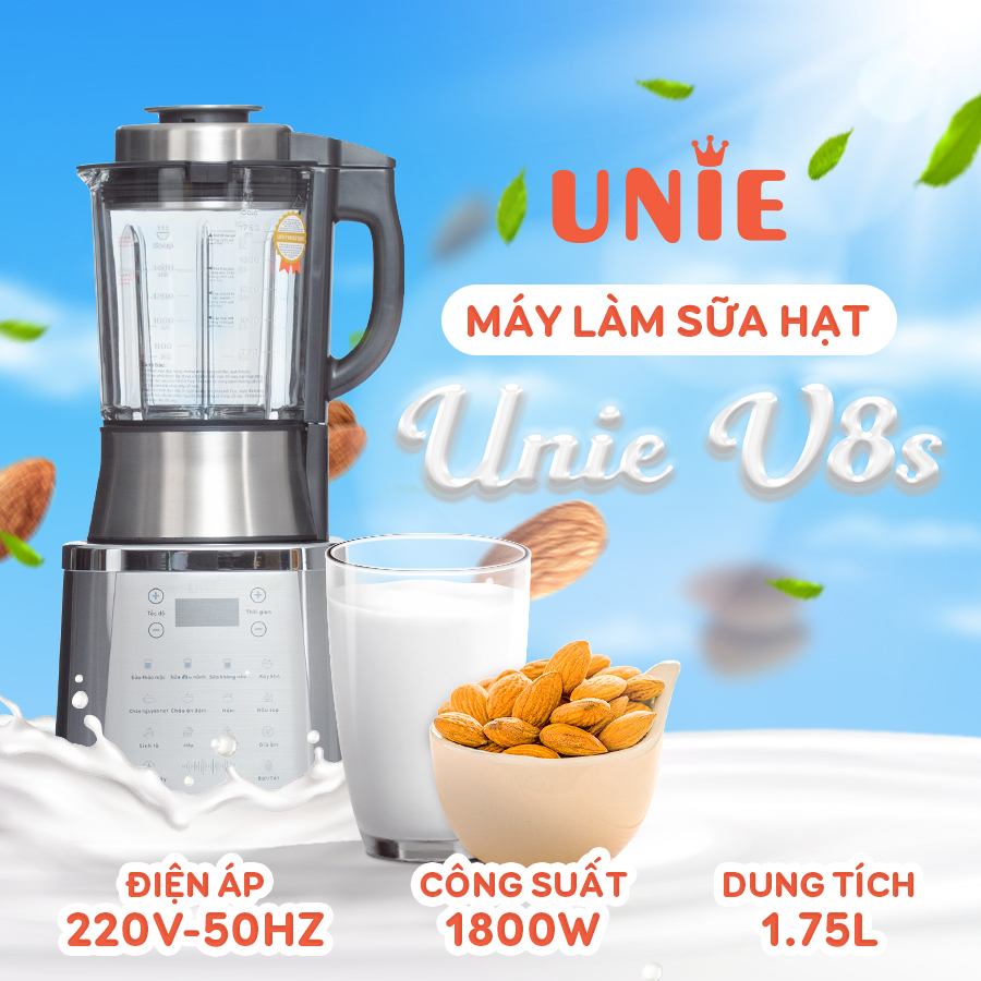 Máy làm sữa hạt đa năng Unie V8S, công suất 1800W, dung tích 1.75L, Báo Chức Năng Bằng Giọng Nói Thông Minh - Hàng chính hãng