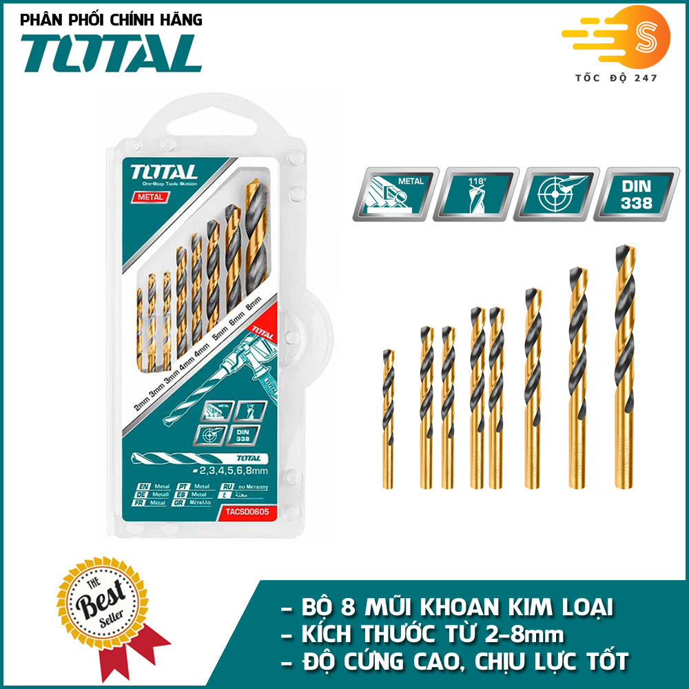 Bộ mũi khoan kim loại HSS 8 chi tiết size 2-8mm TOTAL TACSD0801 - Khoan tốt sắt, thép, độ cứng cao, chịu lực tốt