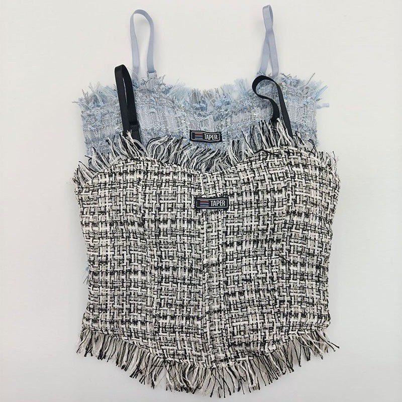 M77. Áo 2 dây dạ tweed kẻ siêu đẹp, áo kiểu nữ croptop sang chảnh 2022 (có sẵn - miễn ship)