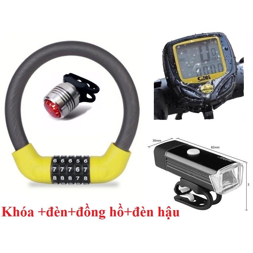 Combo xe đạp: Khóa xe đạp 5 số vàng + Đèn pha siêu sáng + Đồng hồ xe đạp không dây + Đèn led hậu