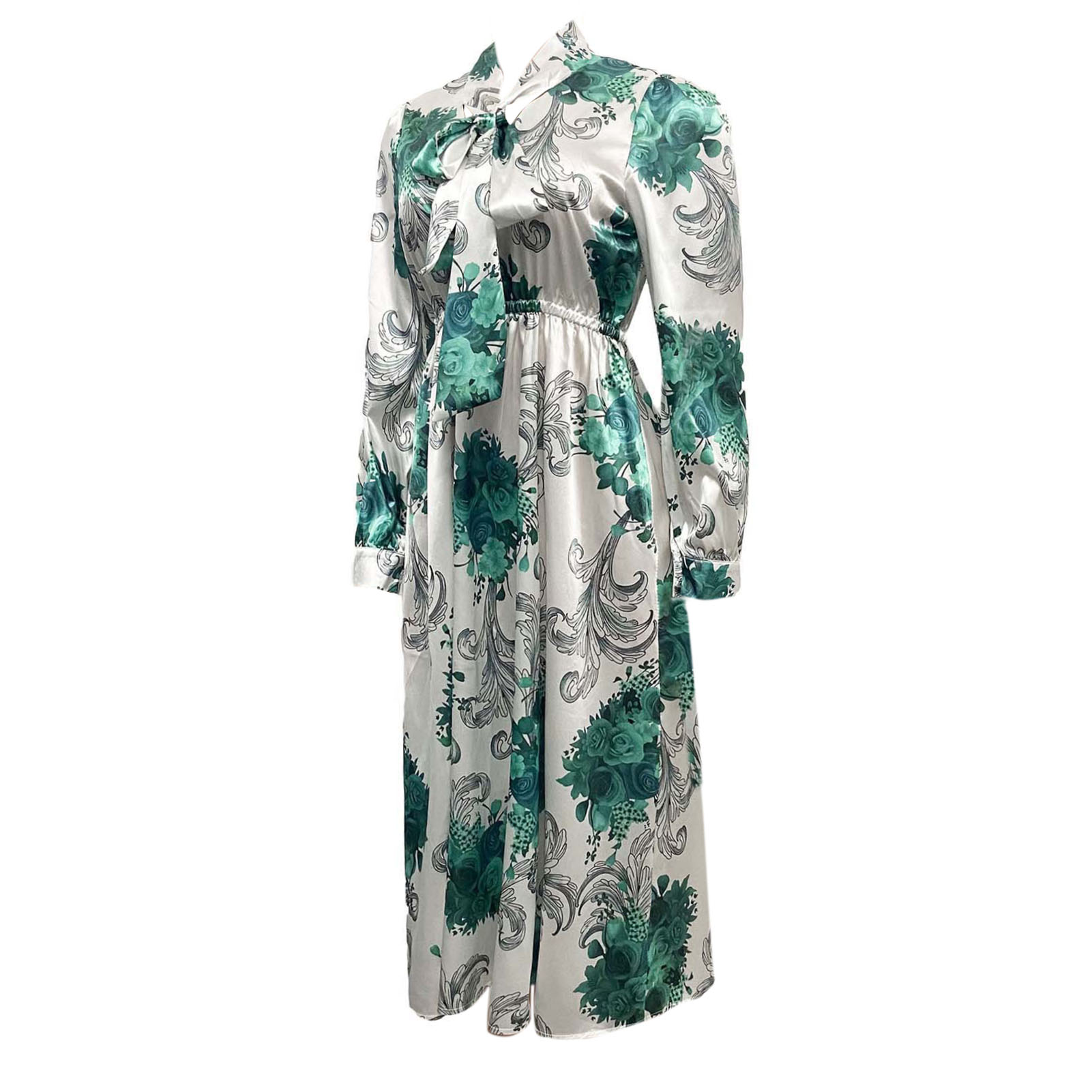 Vintage Women Midi Dress Elastic High Waist Long Puff Sleeve Bow Floral Print Ruffles Dress
