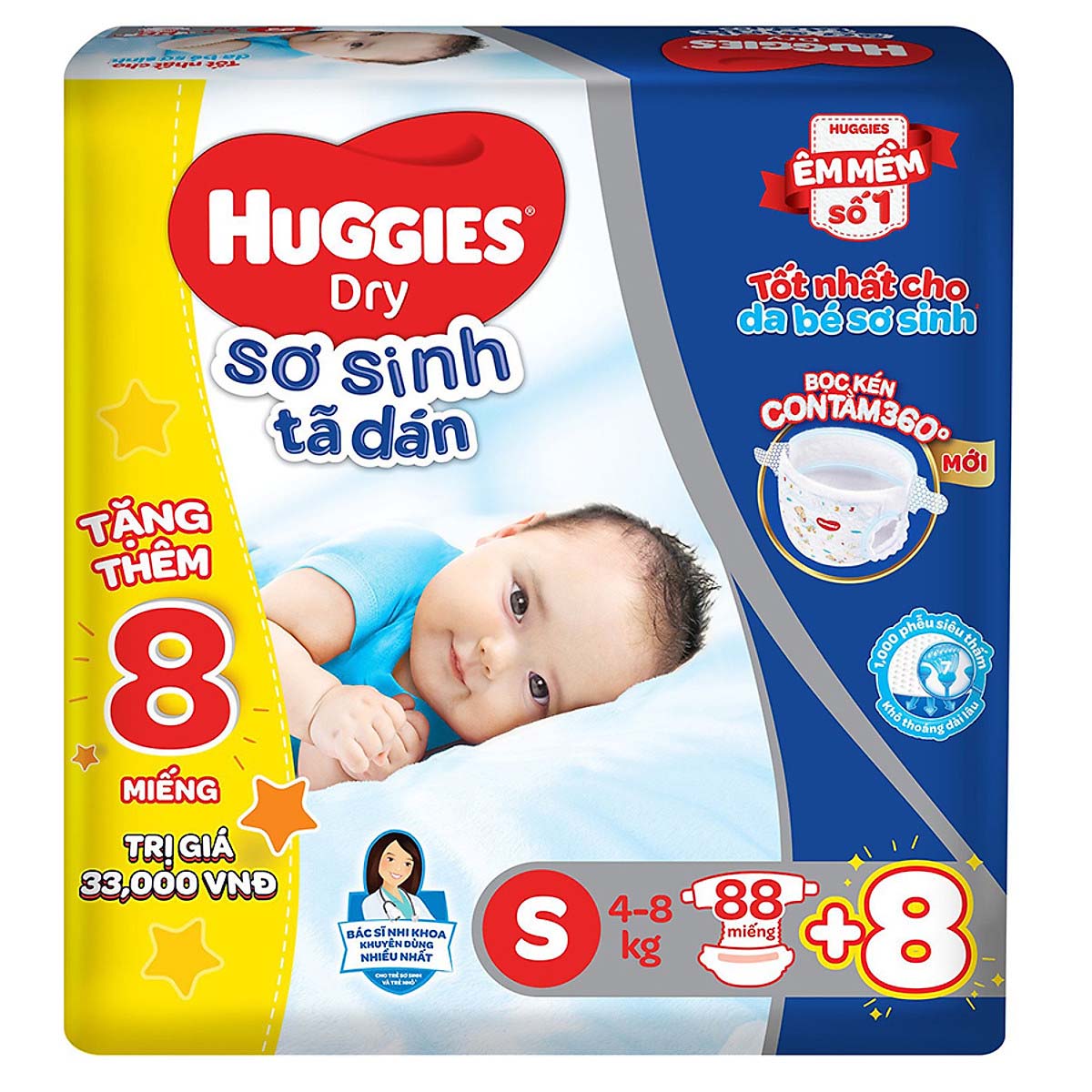 Combo 3 Gói Tã Dán Sơ Sinh Huggies S88 (4kg-8kg) - Gói 88 Miếng - Tặng 8 miếng