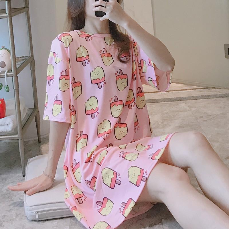Váy ngủ cộc tay thun sữa họa tiết dễ thương [VN03