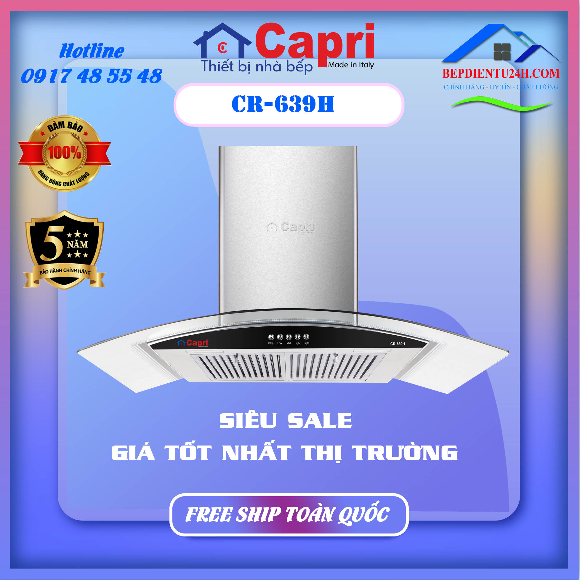 Máy Hút Mùi Hiện Đại Capri CR-639H - Hàng Chính Hãng, Sản Xuất Theo Tiêu Chuẩn Châu Âu, Động Cơ Siêu Êm, Khử Mùi Trực Tiếp, Bền Đẹp, Sang Trọng