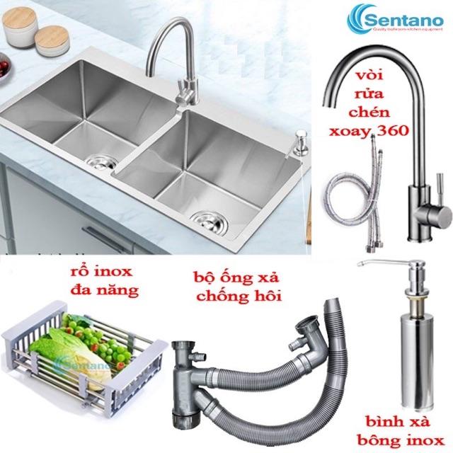 Chậu rửa bát đúc 2 hố 304 kèm vòi nóng lạnh
