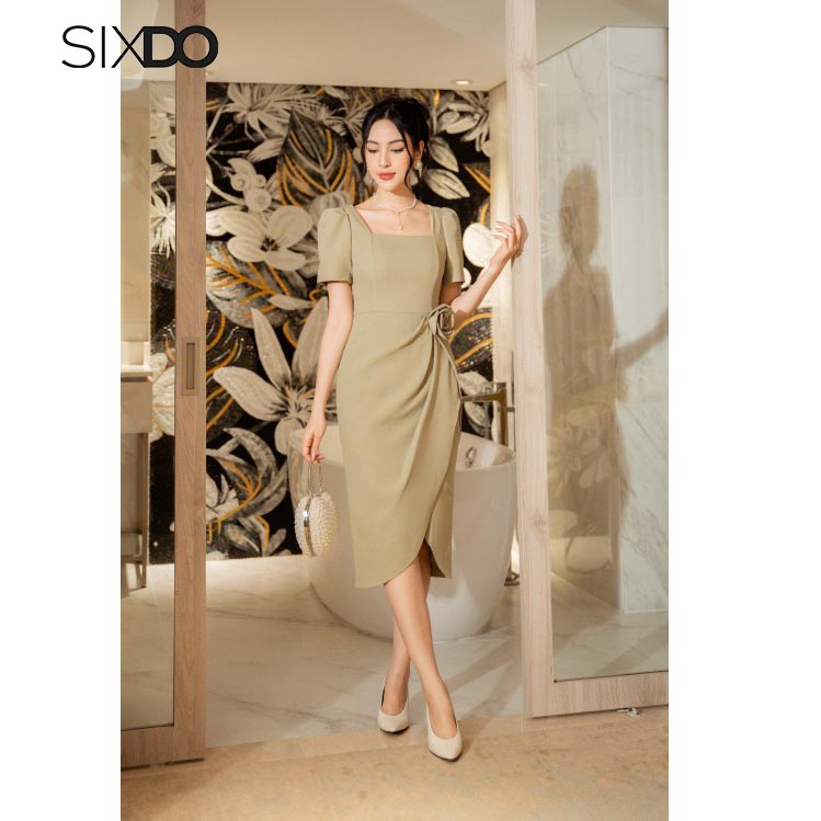 Đầm midi cô vuông kèm hóa eo xẻ tà thời trang SIXDO