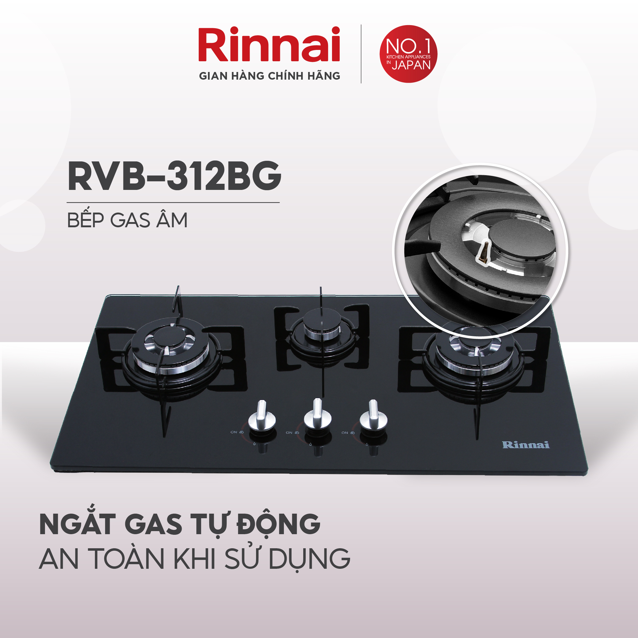 Bếp gas âm Rinnai RVB-312BG mặt bếp kính và kiềng bếp gang - Hàng chính hãng.