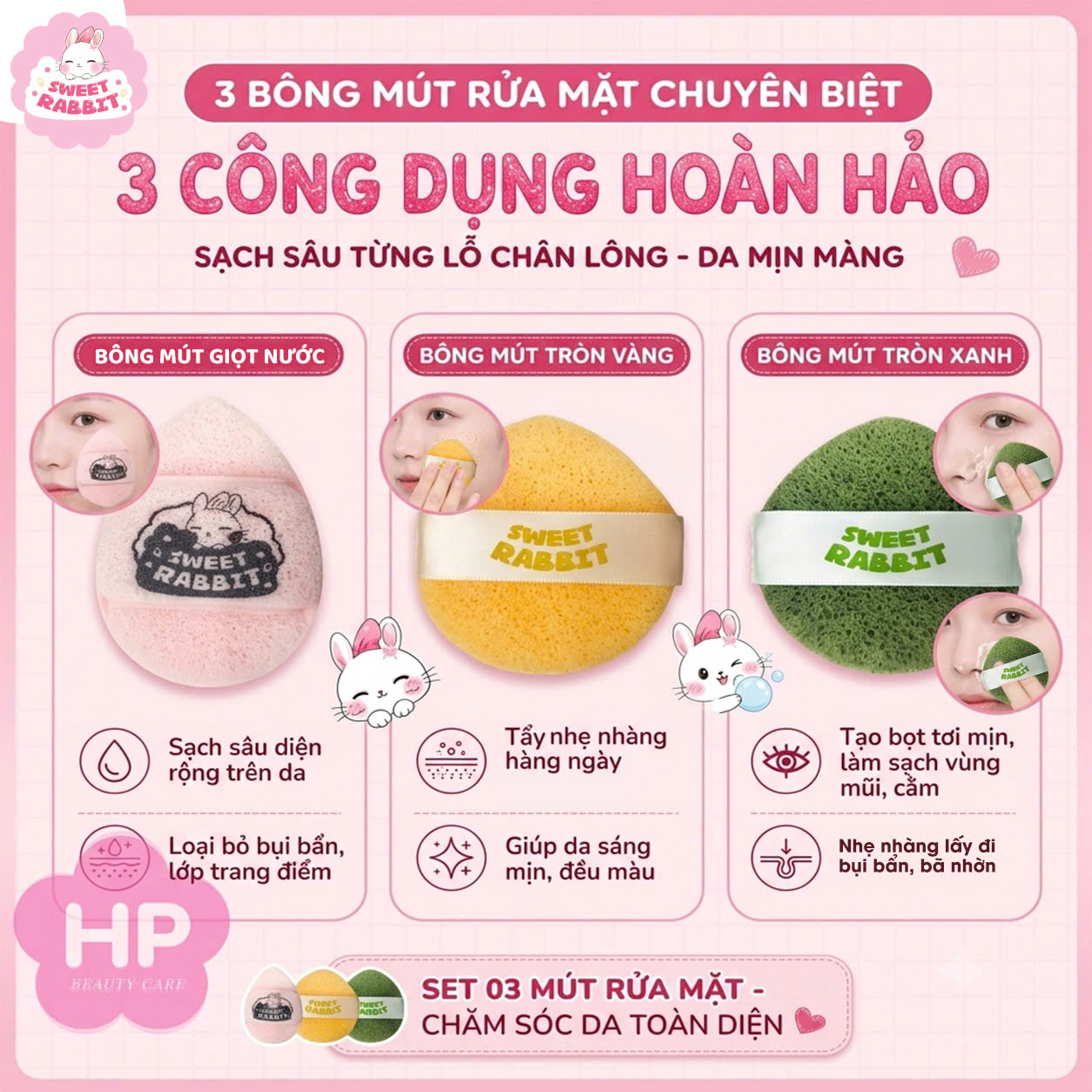 Bông Mút Bọt Biển Rửa Mặt Sweet Rabbit Fluffy Facial Cleansing Puff (Set 03 Cái 03 Màu)