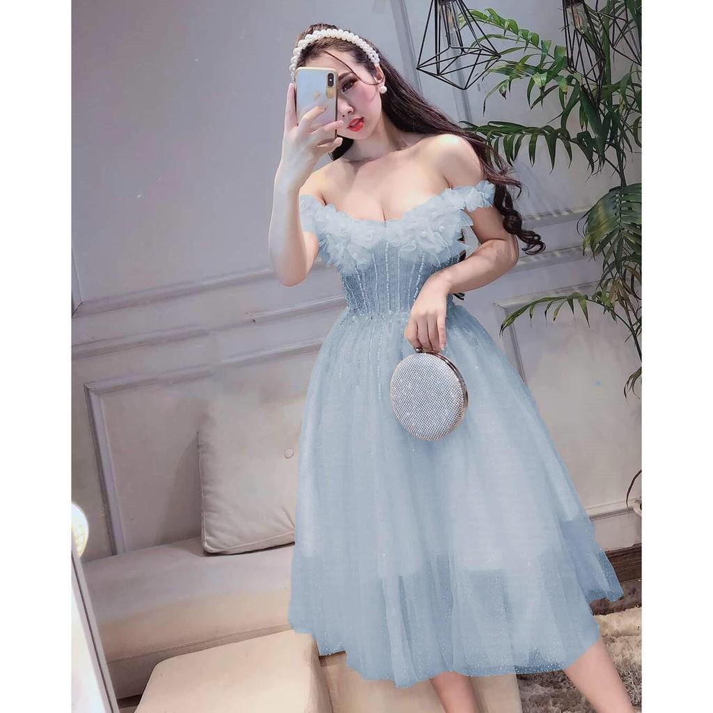 Đầm xoè trễ vai kết hoa nổi SIÊU XINH -MS138V- Size M/L đến 57kgMM MM