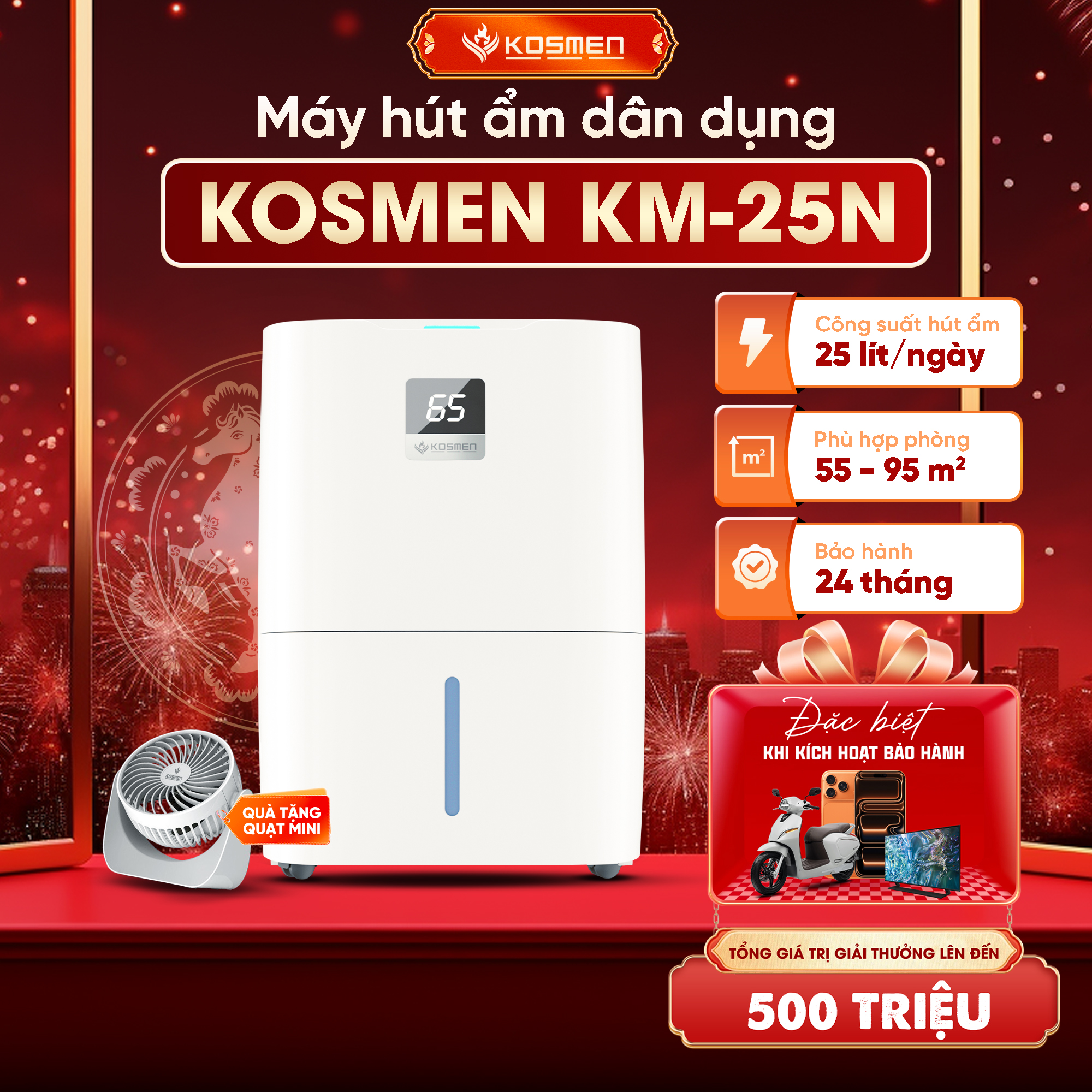 Máy Hút Ẩm Kosmen KM-25N,Phù Hợp Diện Tích 55 - 95 m2, Lọc Không Khí Chuyên Sâu - Hàng Chính Hãng, Bảo Hành 24 Tháng