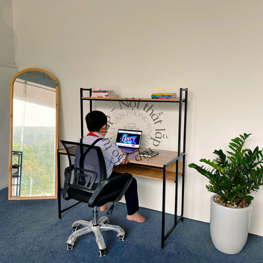 Bàn làm việc, bàn học chữ H. Mặt gỗ cao cấp vân gỗ óc chó, sơn tĩnh điện chống trầy xước - Đồ Tự Ráp KP 07