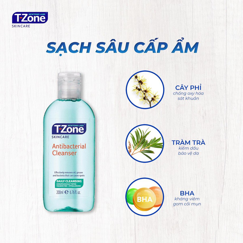 Nước Hoa Hồng T-ZONE Antibacterial Cleanser Làm Sạch Tinh Chất Tràm Trà 200ml