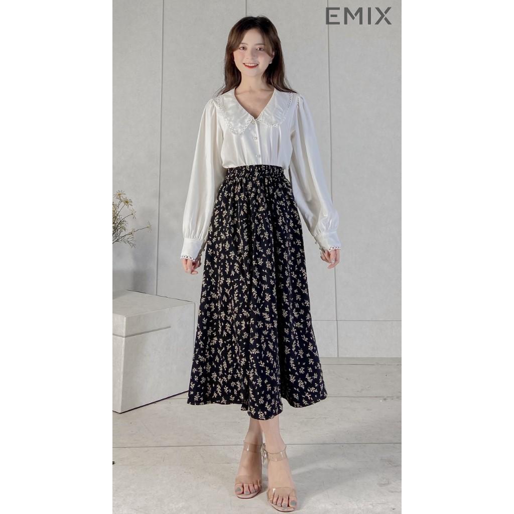 Chân váy nữ hoa nhí hoa đen EMIX , ulzzang, dáng dài, cạp chun, vải lụa mềm, co giãn, 1 lớp nhưng không lộ