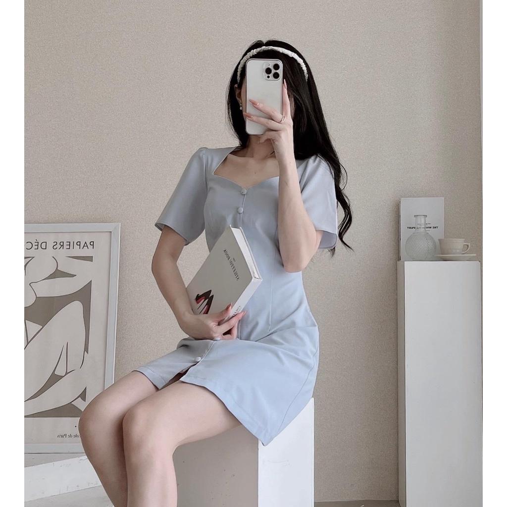 Váy Khuy Cúc Bọc Hở Lưng, Ôm Eo, Tôn Dáng, Màu Dịu Dàng