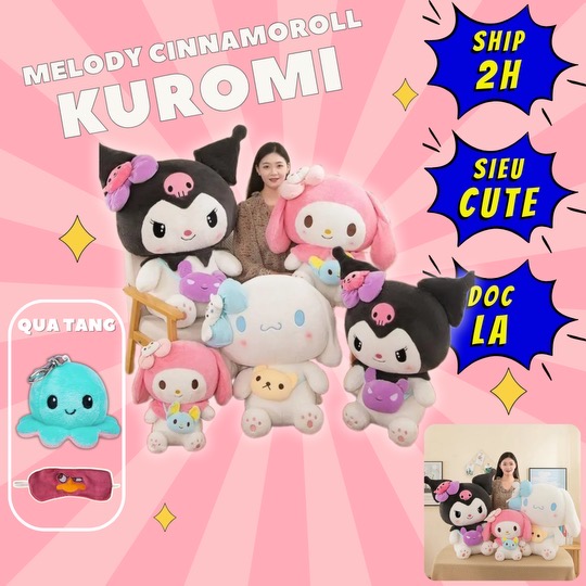 Thú nhồi bông Cinnamorol - Kuromi - Melody đeo túi màu sắc đáng yêu - Size từ 35cm đến 90cm - Quà tặng gấu bông hoạt hình Sanrio êm mịn cho bé