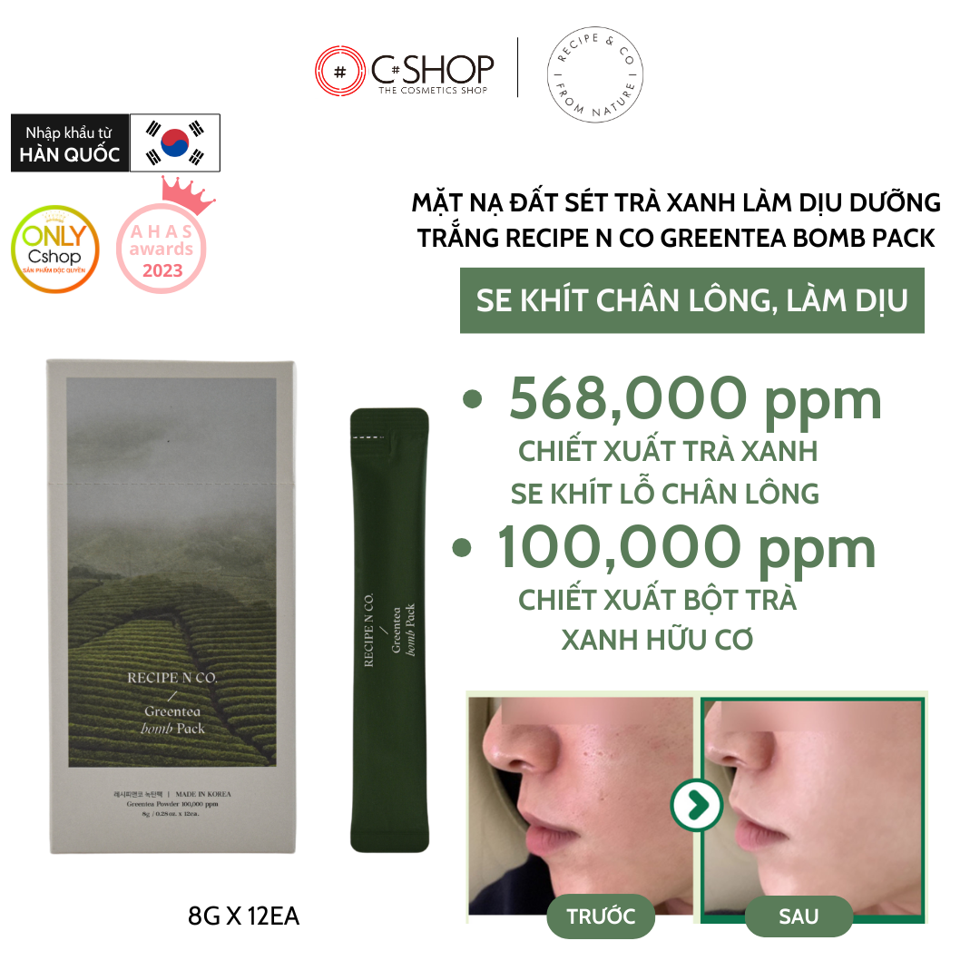 Mặt nạ đất sét trà xanh làm dịu dưỡng trắng da Recipe N Co Greentea Bom.b Pack