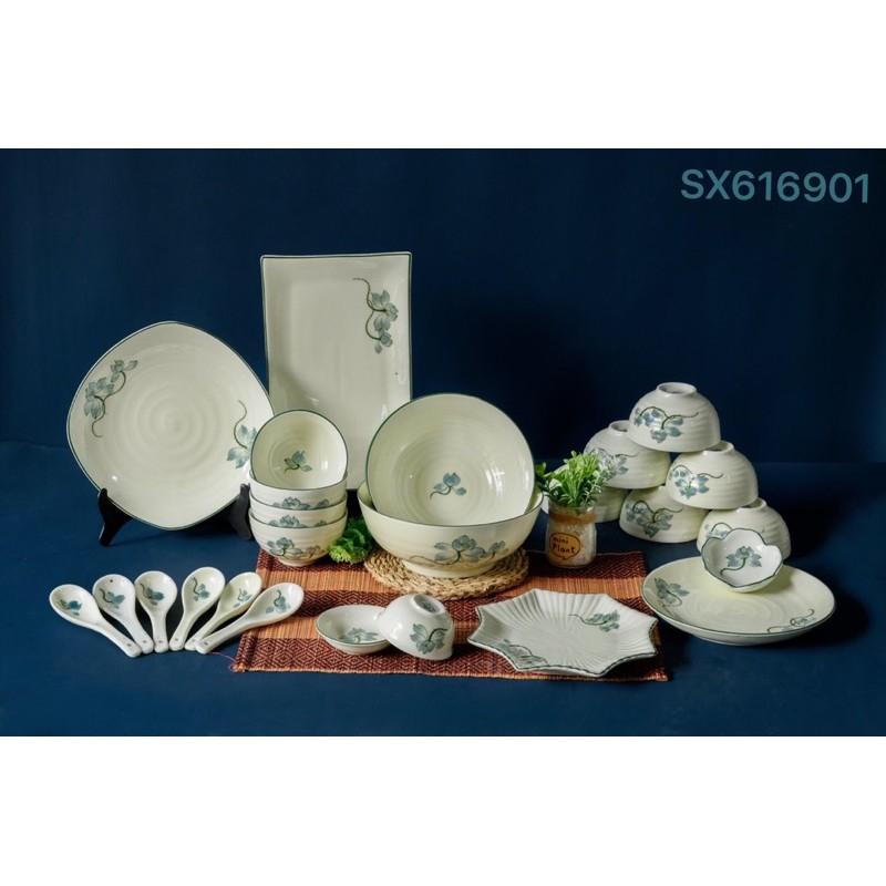 Set bộ bát đĩa họa tiết hoa- đài sen. Gốm sứ Bát Tràng.