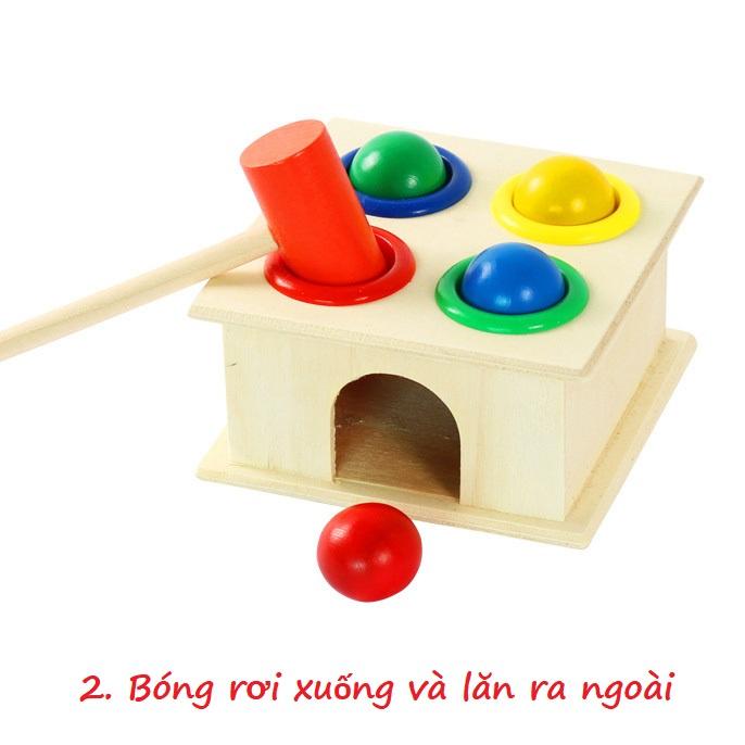 Đồ chơi đập bóng bằng gỗ cho bé KB216027, Bộ đập bóng hình vuông 4 bóng búa gỗ
