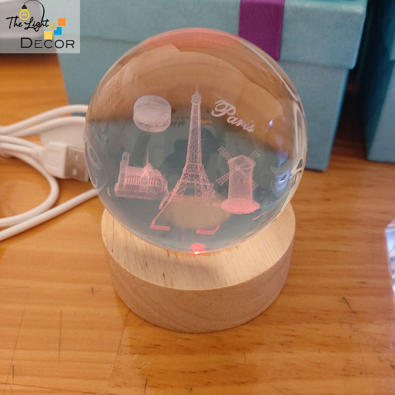 Bộ Quà Tặng Quả Cầu Pha Lê 3D larser LED PARIS 6cm