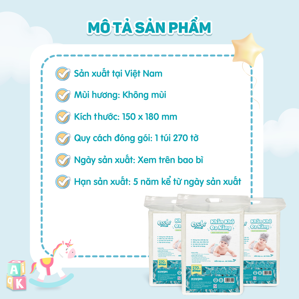 Khăn khô đa năng cao cấp cho bé EcoWipes Ecobi không mùi không paraben an toàn cho da bé