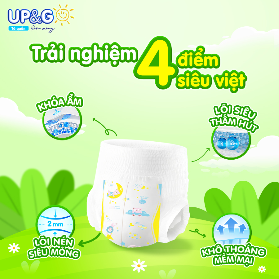 Combo 3 gói Tã/ Bỉm Quần Em Bé Siêu Mỏng Up&amp;Go Lõi Nén 2mm Siêu Mềm Mại, Siêu Khô Thoáng, Siêu Thấm Hút Size S/M/L/XL